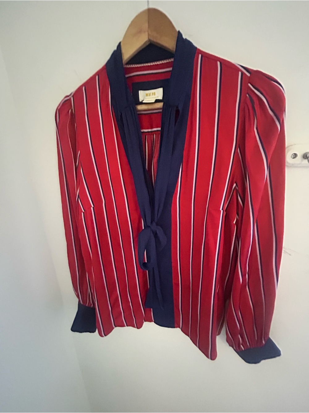 Mauve Red Striped Blouse with Navy Tie-Neck